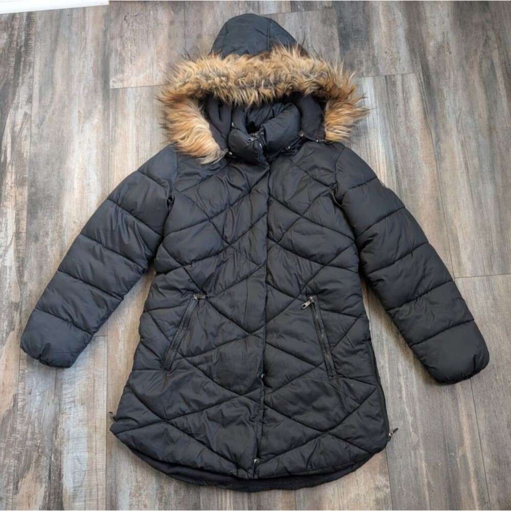 Steve Madden Girls Black Quilted Lined Hooded Puffer Jacket Coat Large (14/16)